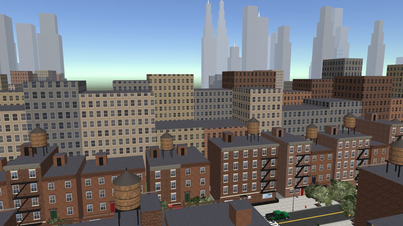 Rooftops with water towers and the skyline