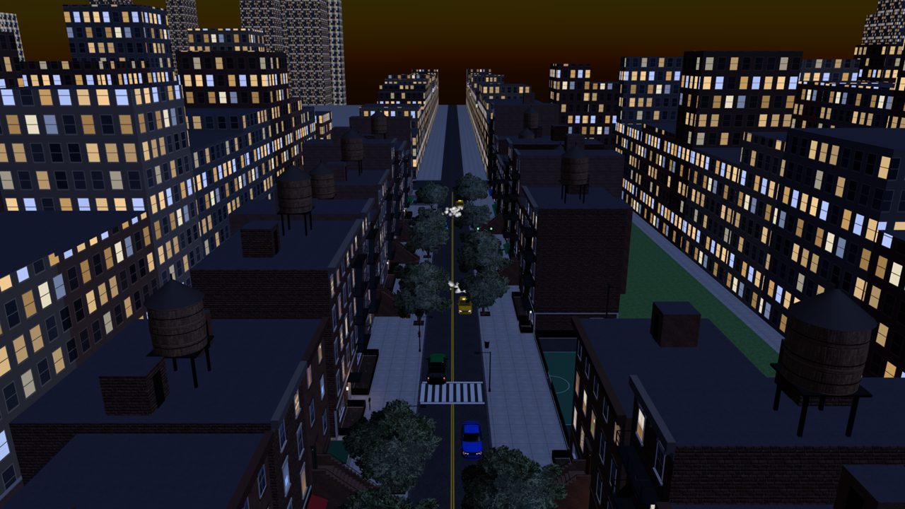 The street canyon at night with every window lit