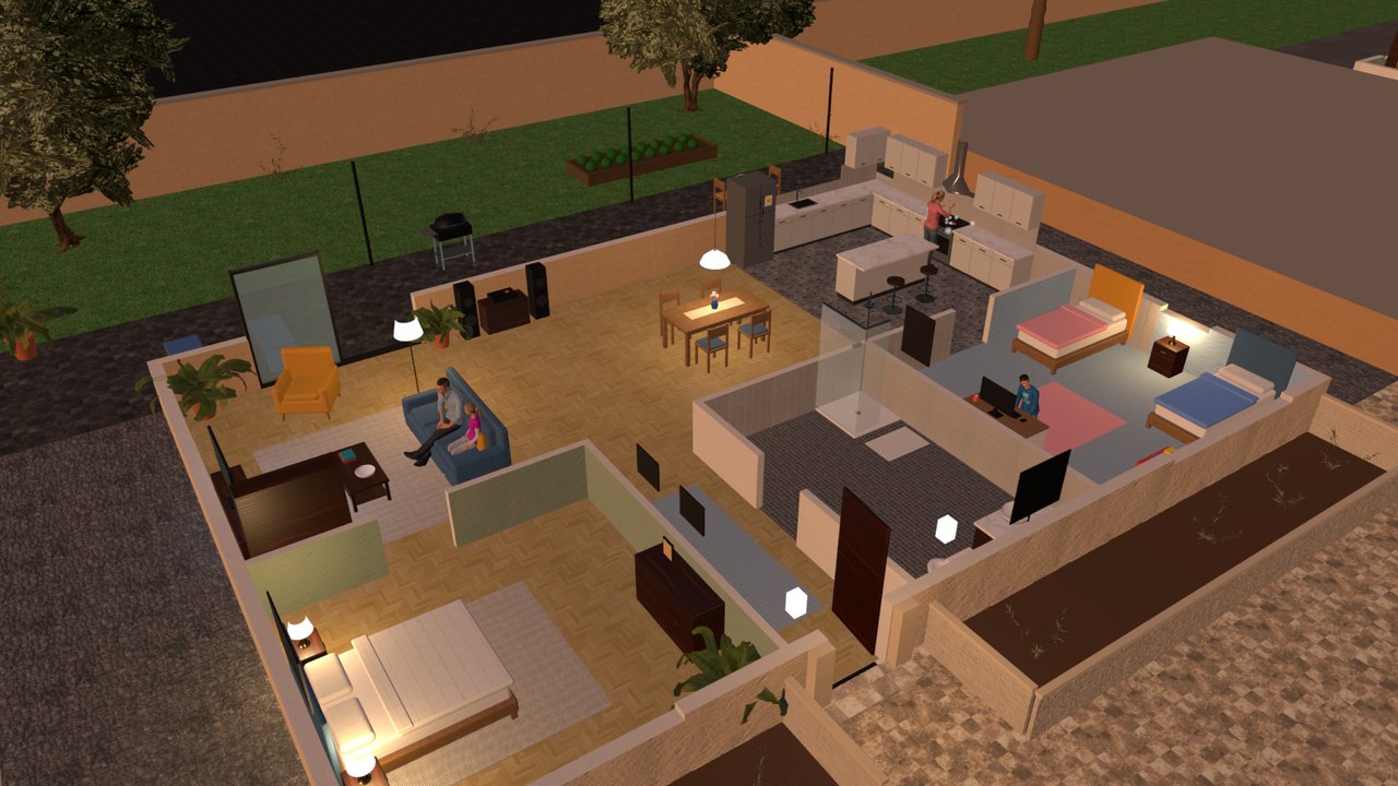 The family flat seen from above as a dollhouse, rooms open to the sky