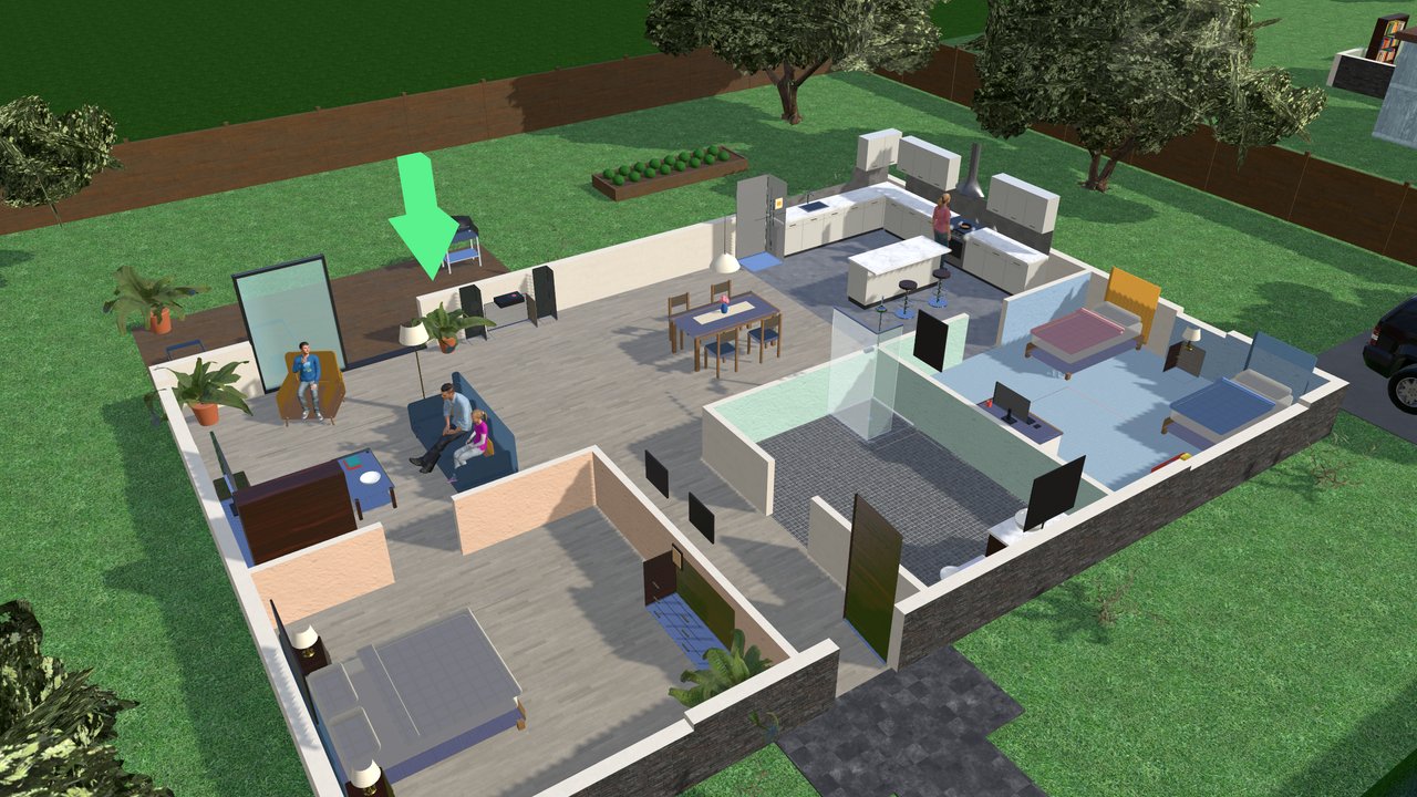 The family house seen from above as a dollhouse, rooms open to the sky