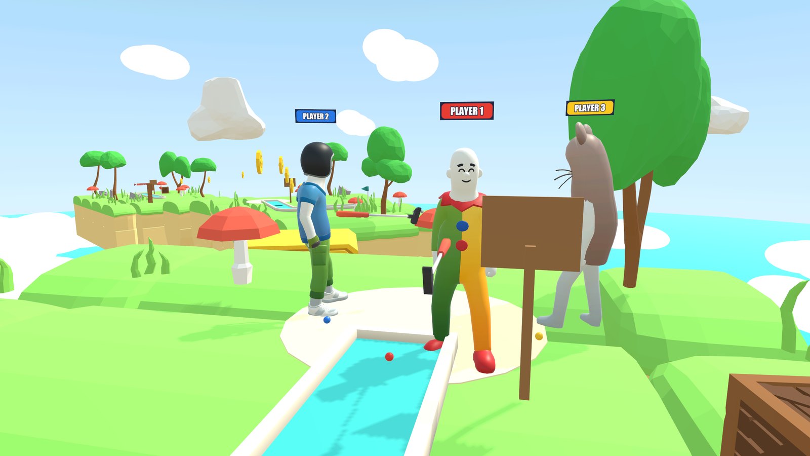 Three golfers as different characters on a tee in Sunny Beach