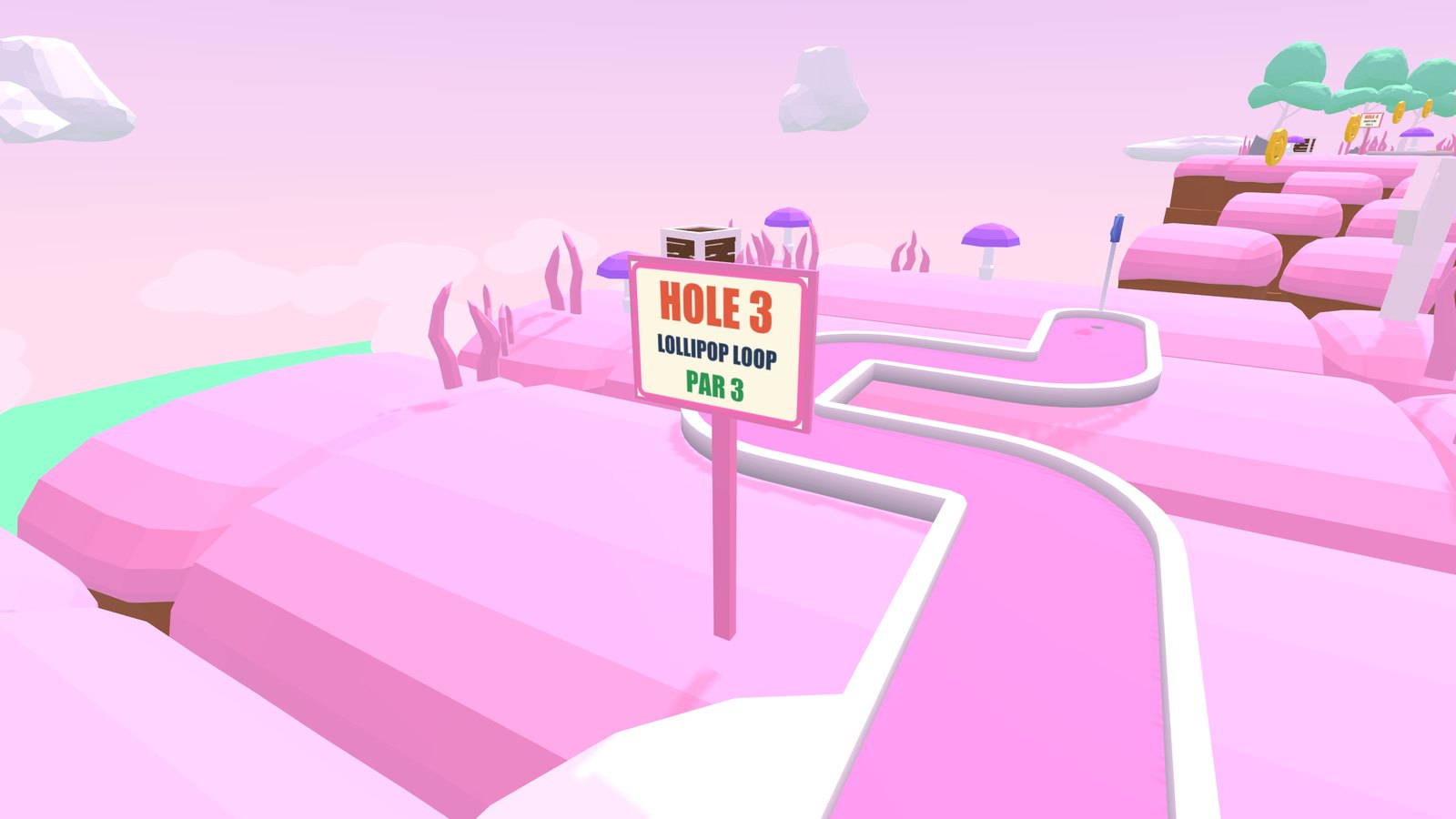 A pink hole in Candy Land seen from the tee