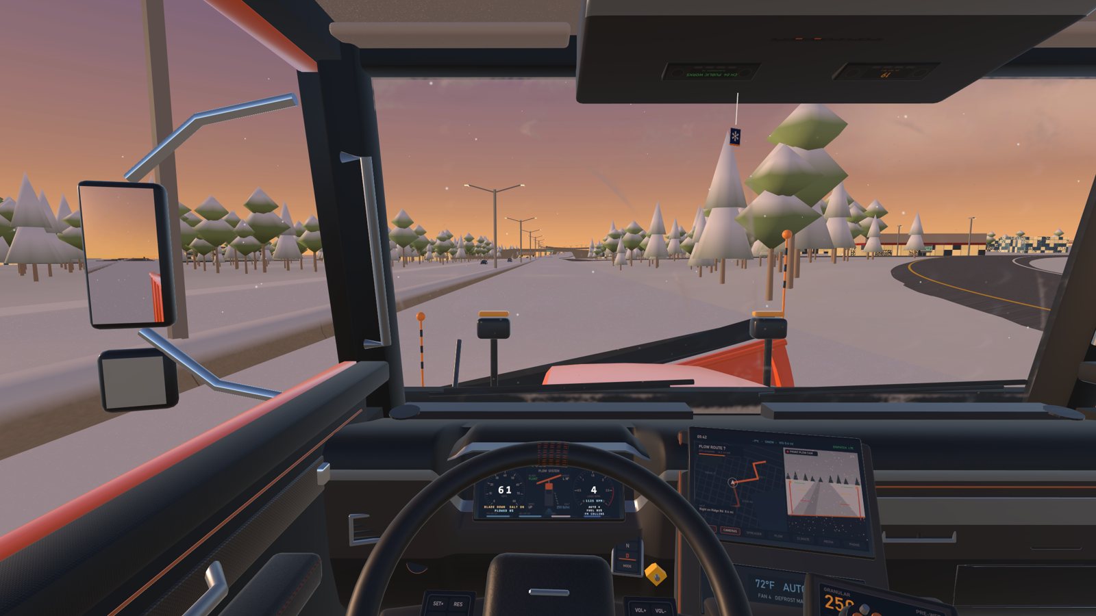 The driver's view in the plow on the I-190 at sunset