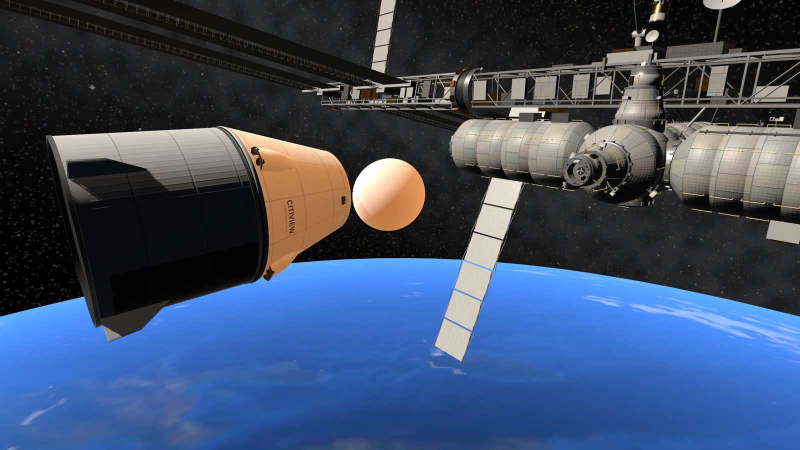 The capsule approaching the space station above the Earth