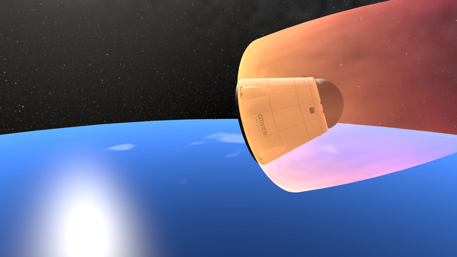 The capsule glowing in the plasma of re-entry