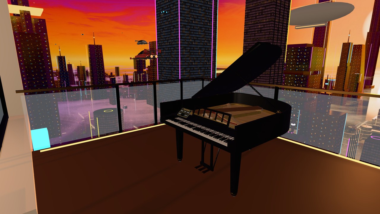 The grand piano on the balcony above the city at sunset