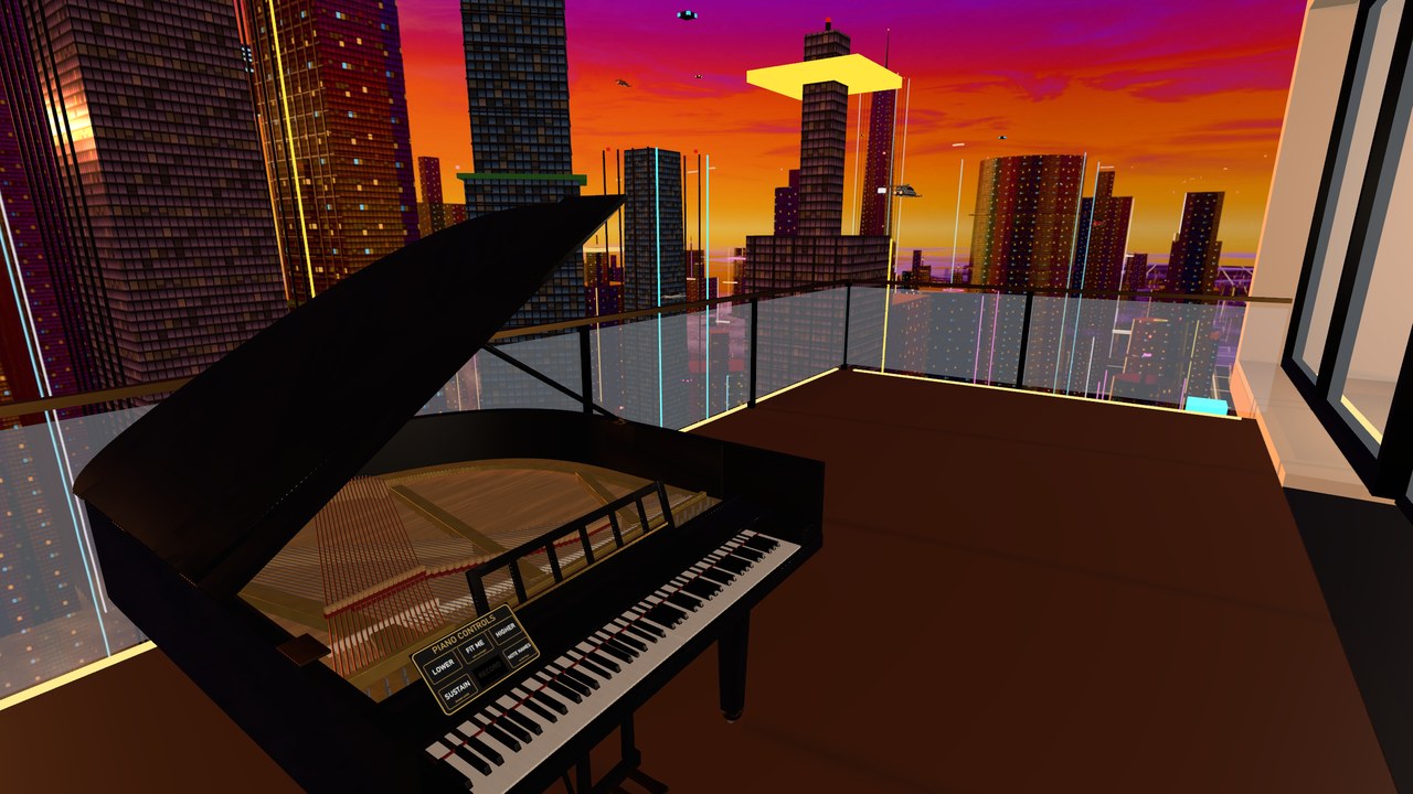 The balcony piano against the city skyline