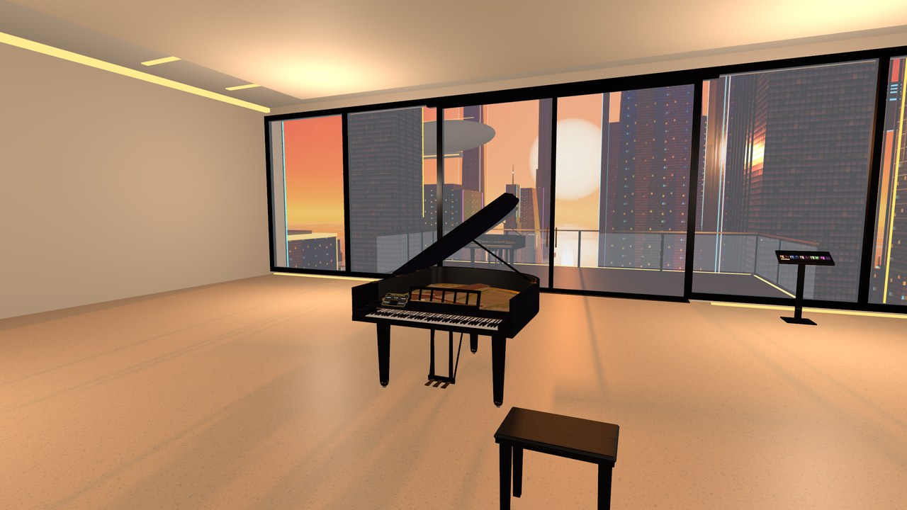 The piano in the penthouse by the window wall