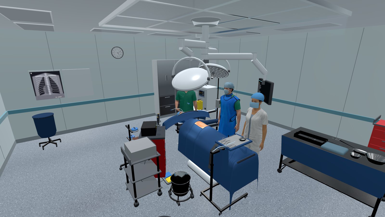 The operating room with the surgical team around the bed