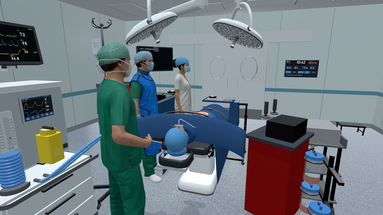 The team standing around the patient at the head of the bed