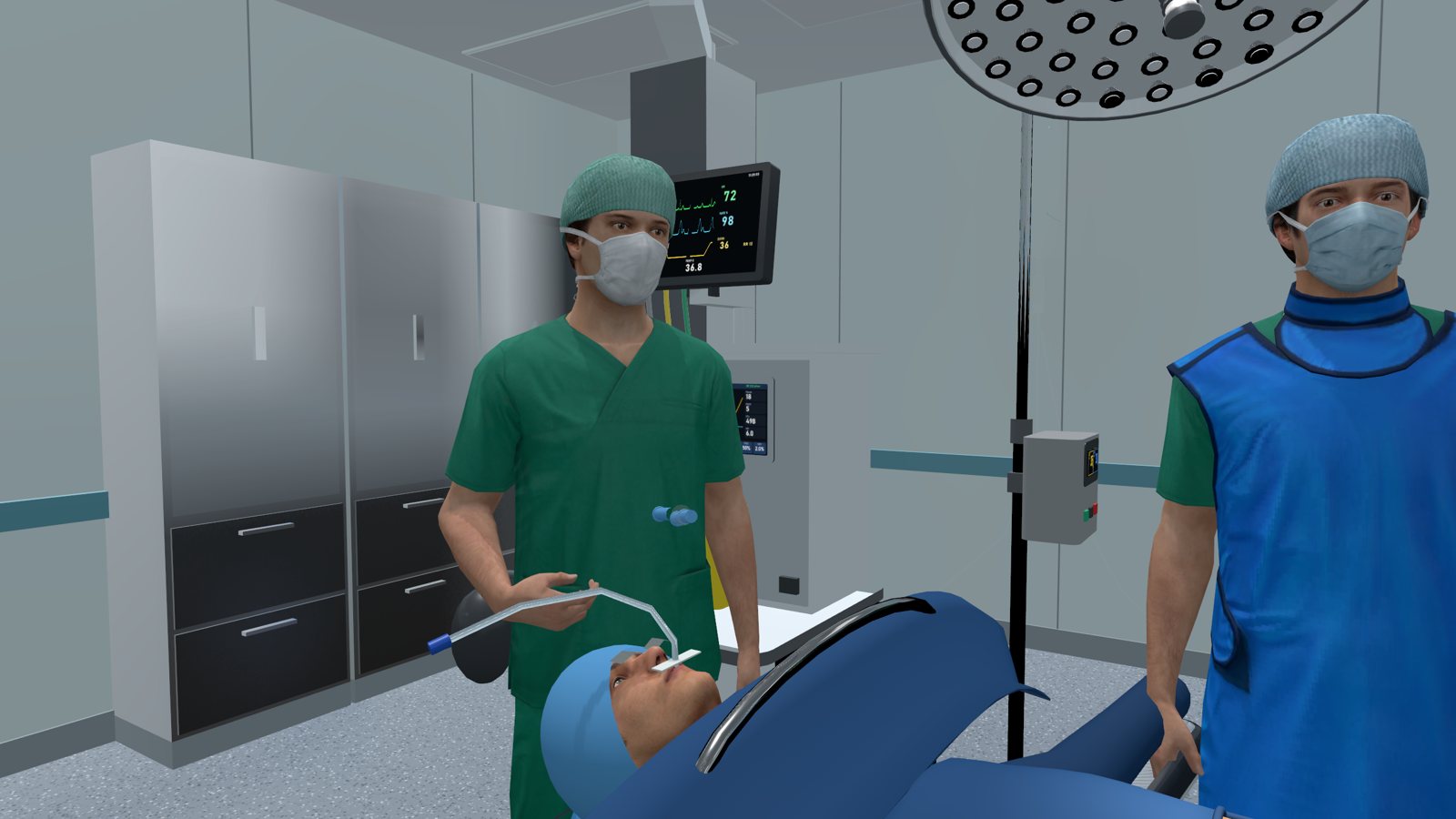 The anaesthetist at the anaesthesia machine and heart monitor