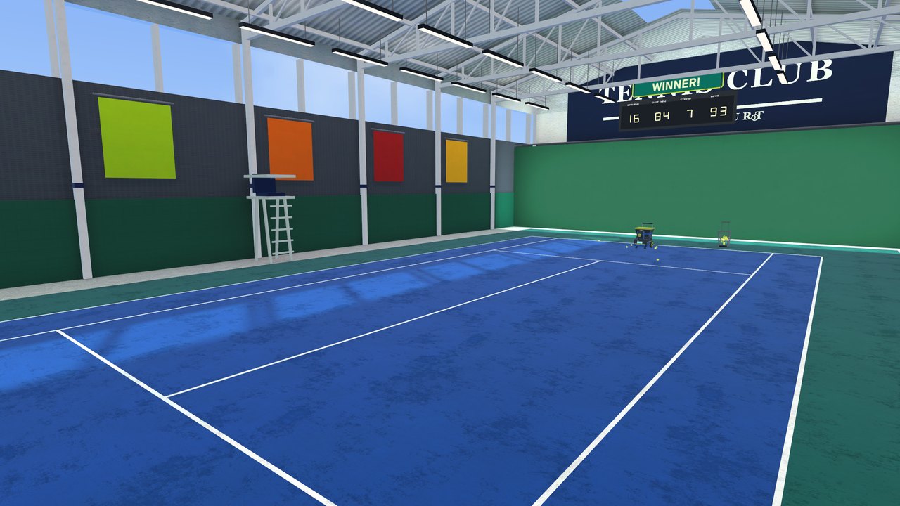 Afternoon sun across the blue hard court