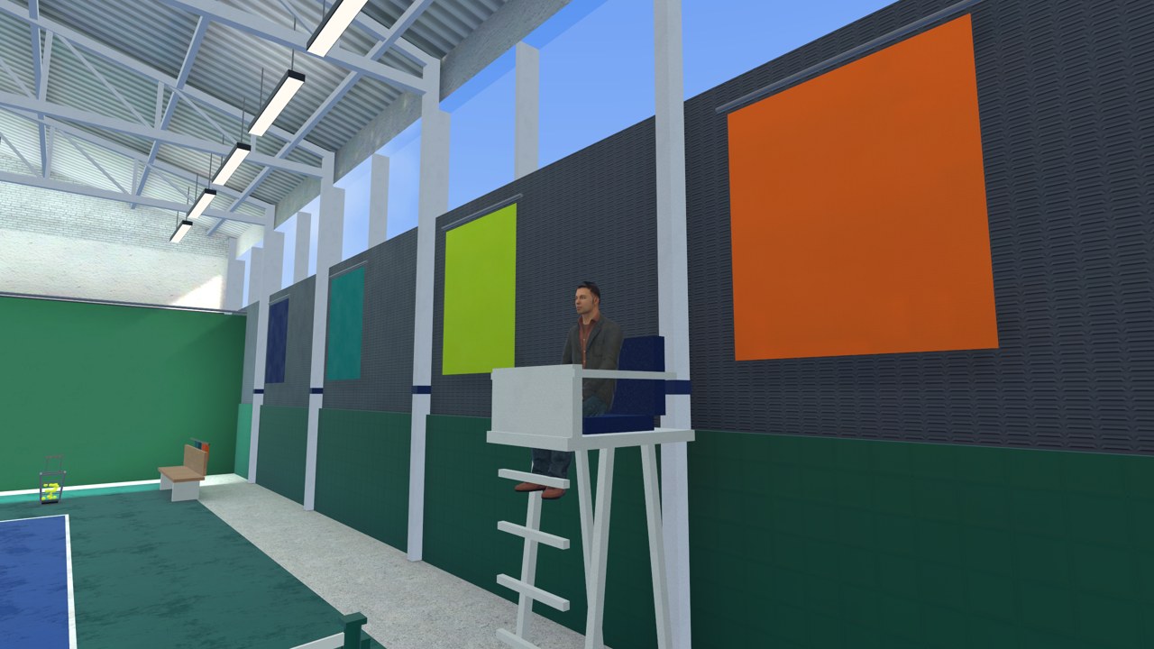 The chair umpire at the net