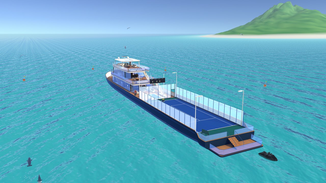 The superyacht at anchor with the tennis court on the aft deck