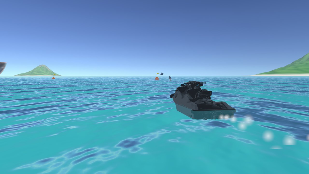 The jet ski at speed beside the island