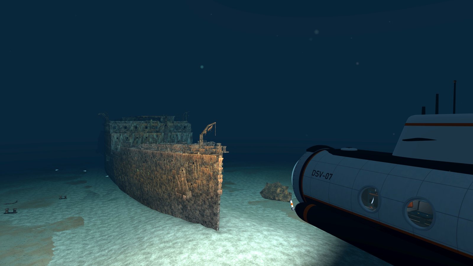 The submarine beside the bow of the wreck
