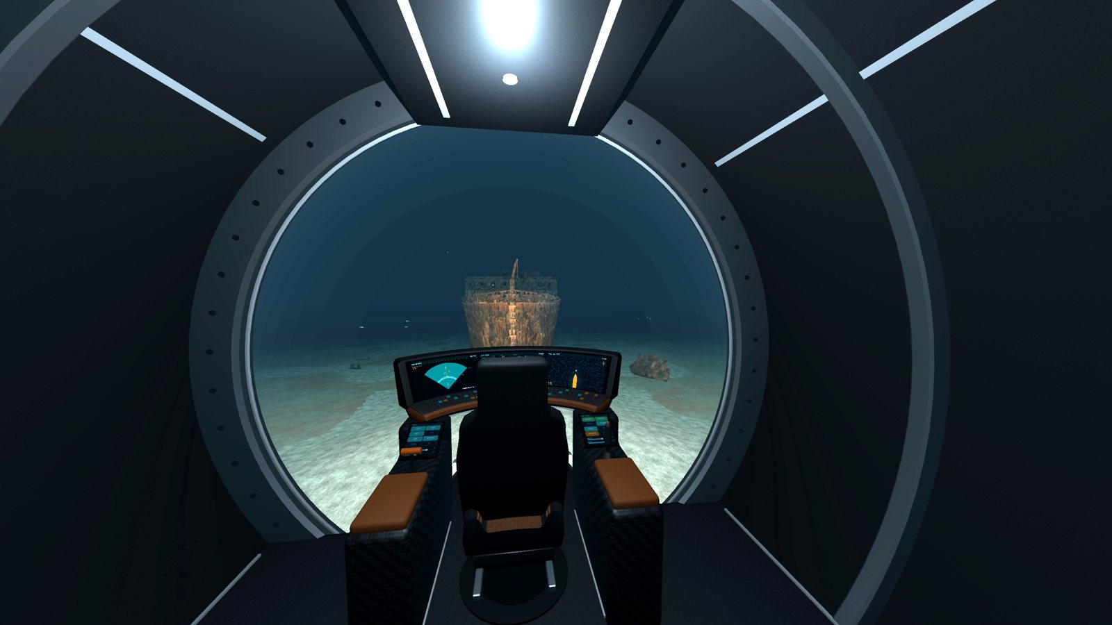 Standing inside the submarine with the wreck through the dome