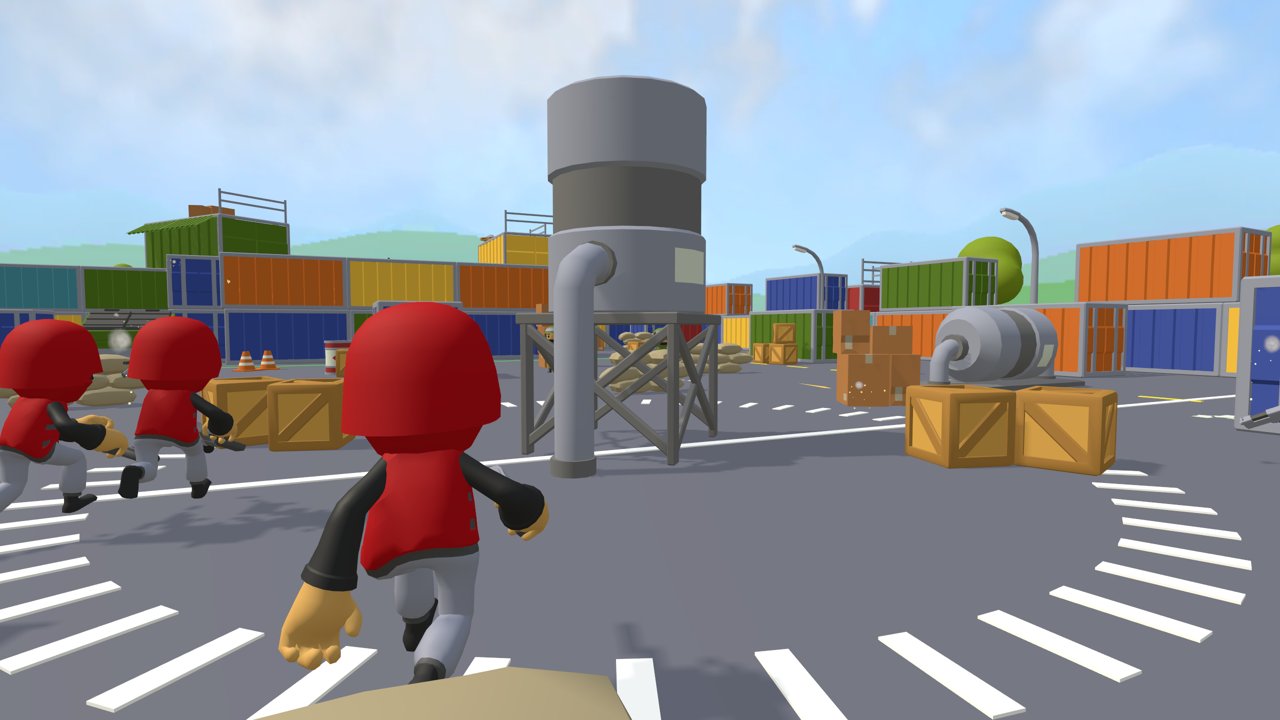 Red soldiers charging past the water tower