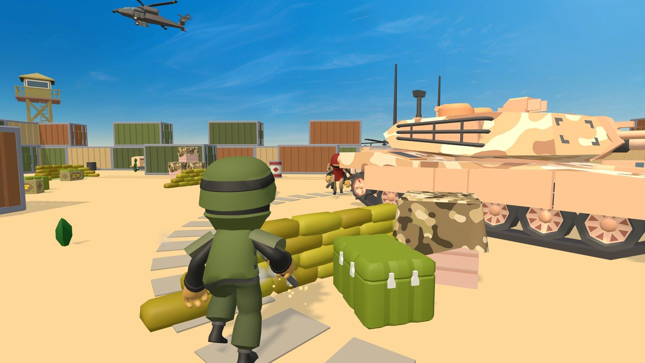 A green soldier runs past the tank as the gunship flies over