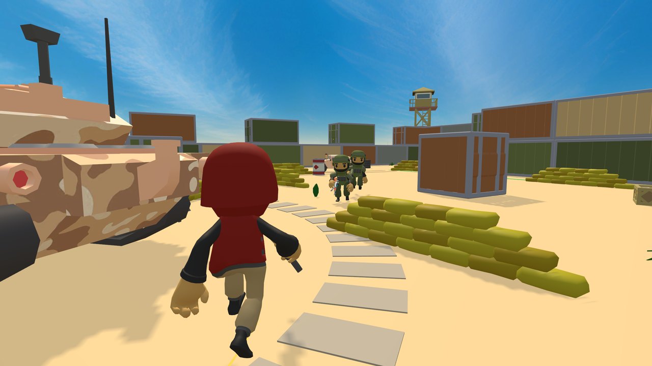 A red soldier storming past the tank
