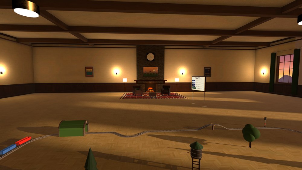 The fireplace and club chairs behind the railway
