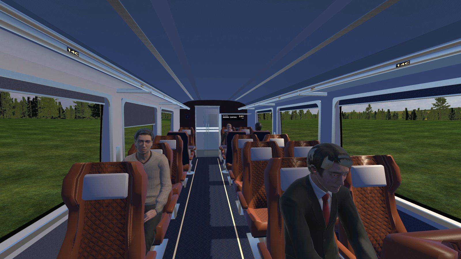 Walking the first-class aisle past the passengers