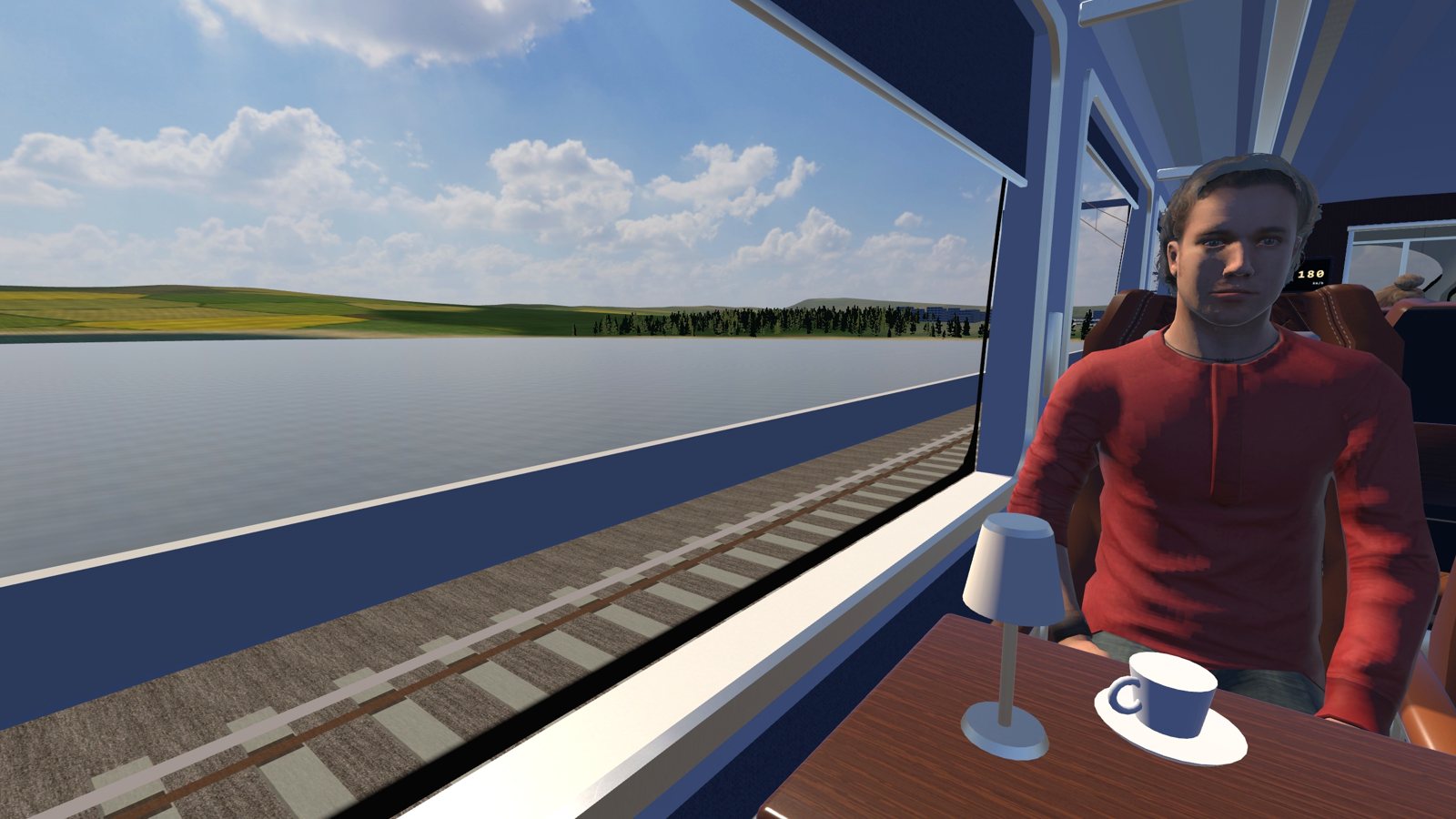 A window seat with the lake going by