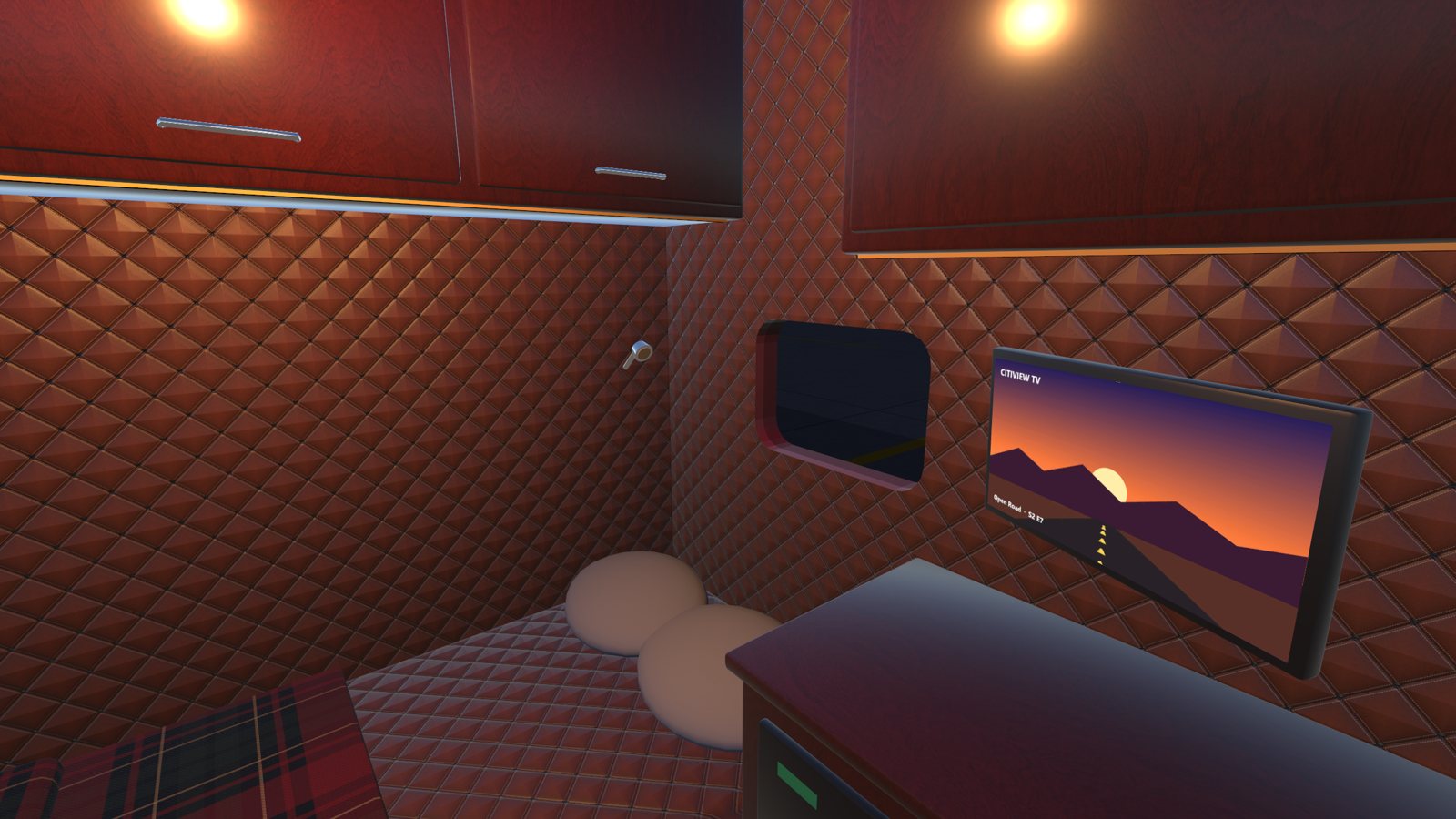The sleeper: bunk, TV and quilted walls