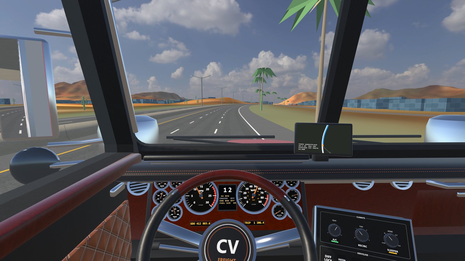 The driver's view down a desert highway at golden hour