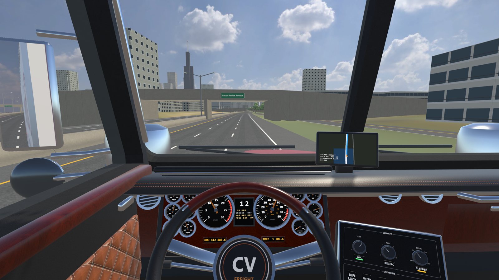 The driver's view down a desert highway at golden hour