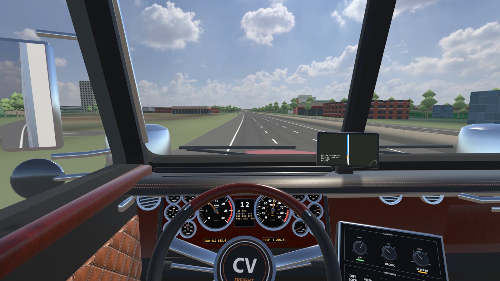 The driver's view down a desert highway at golden hour