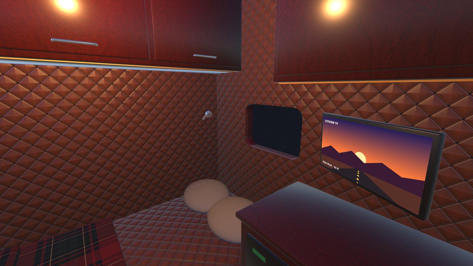 The sleeper: bunk, TV and quilted walls