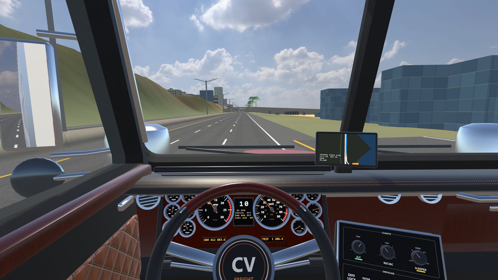 The driver's view down a desert highway at golden hour