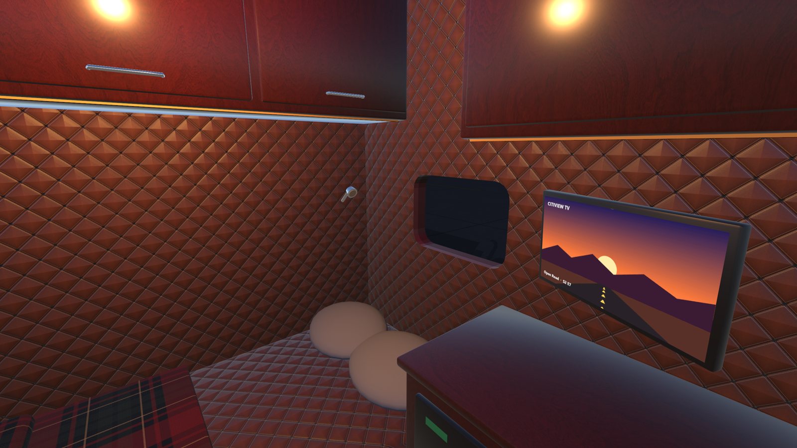The sleeper: bunk, TV and quilted walls