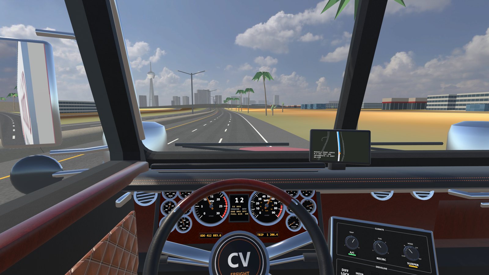 The driver's view down a desert highway at golden hour