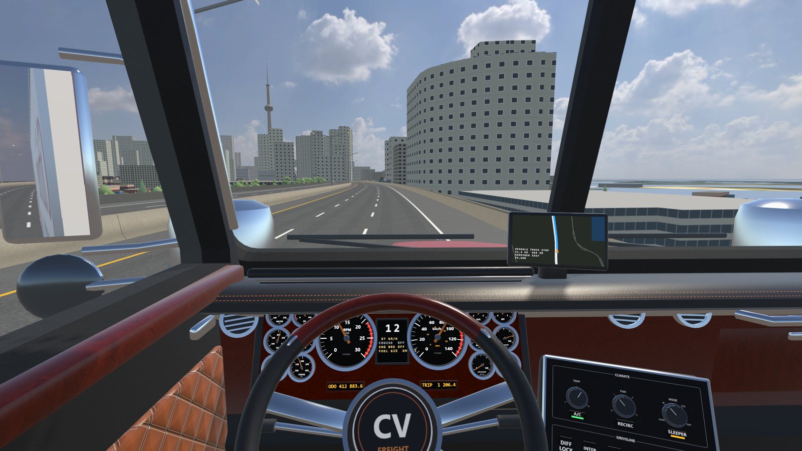 The driver's view down a desert highway at golden hour